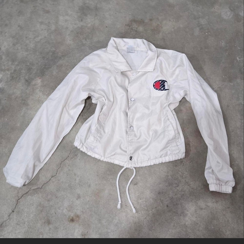Vintage Champion White Coach-Style Bomber Jacket with Red & Navy Logo